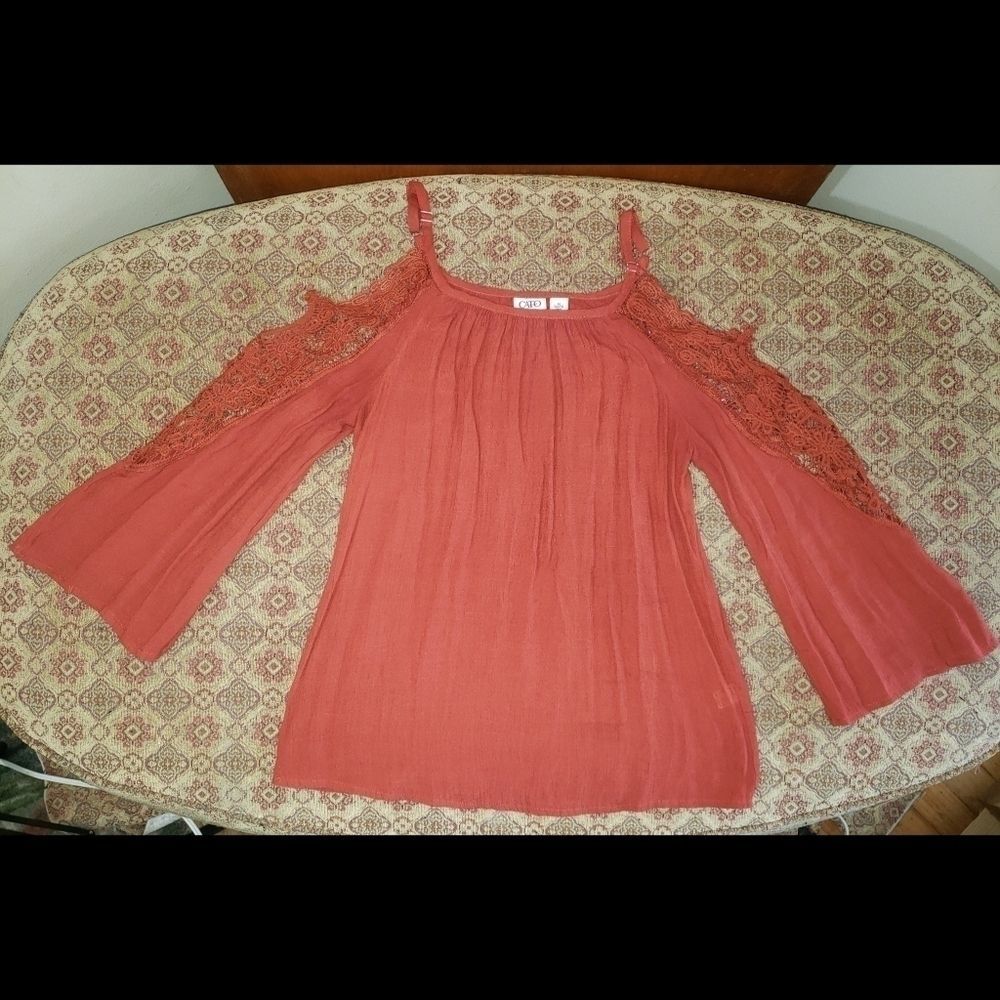 Cato Burnt Orange Top w/Bell Sleeves & Crochet